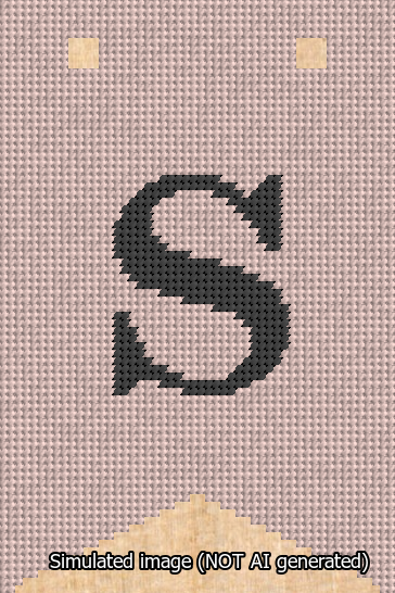 A simulated image of the stitched needlepoint design: Banner 13m Forked S Black on Pink. Not A.I. generated.
