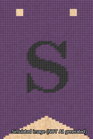 A simulated image of the stitched needlepoint design: Banner 13m Forked S Black on Purple. Not A.I. generated.