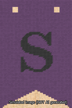 A simulated image of the stitched needlepoint design: Banner 13m Forked S Black on Purple. Not A.I. generated.
