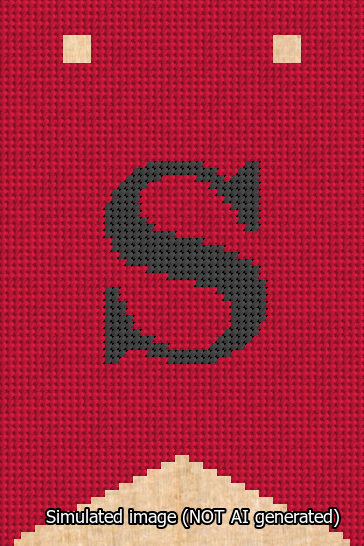 A simulated image of the stitched needlepoint design: Banner 13m Forked S Black on Red. Not A.I. generated.