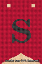 A simulated image of the stitched needlepoint design: Banner 13m Forked S Black on Red. Not A.I. generated.