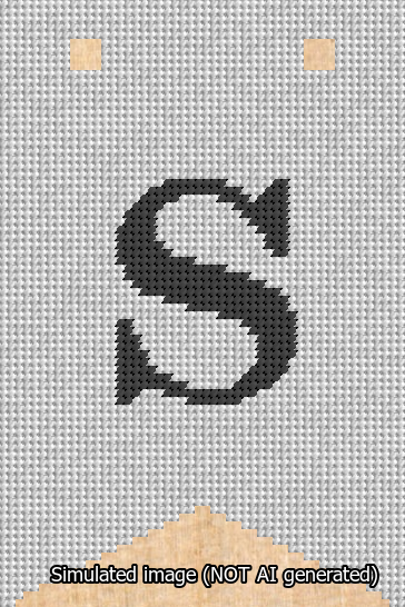A simulated image of the stitched needlepoint design: Banner 13m Forked S Black on White. Not A.I. generated.