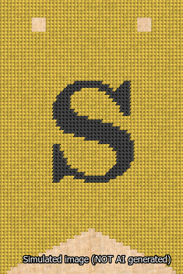 A simulated image of the stitched needlepoint design: Banner 13m Forked S Black on Yellow. Not A.I. generated.