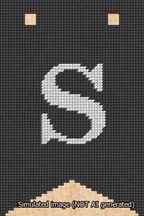 A simulated image of the stitched needlepoint design: Banner 13m Forked S White on Black. Not A.I. generated.
