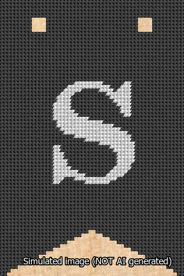 A simulated image of the stitched needlepoint design: Banner 13m Forked S White on Black. Not A.I. generated.