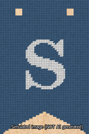 A simulated image of the stitched needlepoint design: Banner 13m Forked S White on Blue. Not A.I. generated.