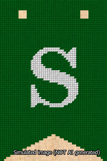 A simulated image of the stitched needlepoint design: Banner 13m Forked S White on Green. Not A.I. generated.
