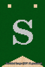 A simulated image of the stitched needlepoint design: Banner 13m Forked S White on Green. Not A.I. generated.