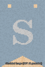 A simulated image of the stitched needlepoint design: Banner 13m Forked S White on Light Blue. Not A.I. generated.
