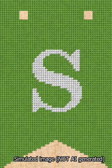 A simulated image of the stitched needlepoint design: Banner 13m Forked S White on Light Green. Not A.I. generated.