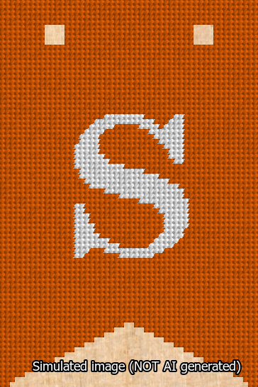 A simulated image of the stitched needlepoint design: Banner 13m Forked S White on Orange. Not A.I. generated.