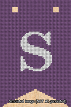 A simulated image of the stitched needlepoint design: Banner 13m Forked S White on Purple. Not A.I. generated.