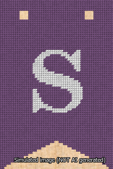A simulated image of the stitched needlepoint design: Banner 13m Forked S White on Purple. Not A.I. generated.
