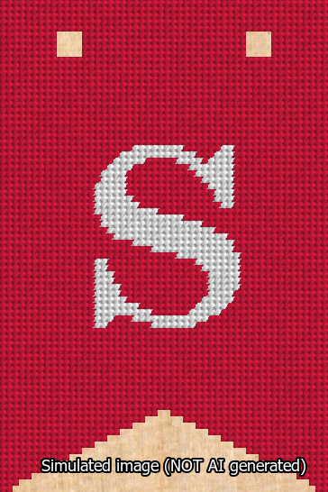 A simulated image of the stitched needlepoint design: Banner 13m Forked S White on Red. Not A.I. generated.