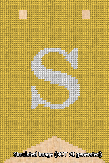 A simulated image of the stitched needlepoint design: Banner 13m Forked S White on Yellow. Not A.I. generated.