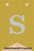 A simulated image of the stitched needlepoint design: Banner 13m Forked S White on Yellow. Not A.I. generated.