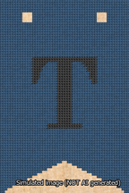 A simulated image of the stitched needlepoint design: Banner 13m Forked T Black on Blue. Not A.I. generated.
