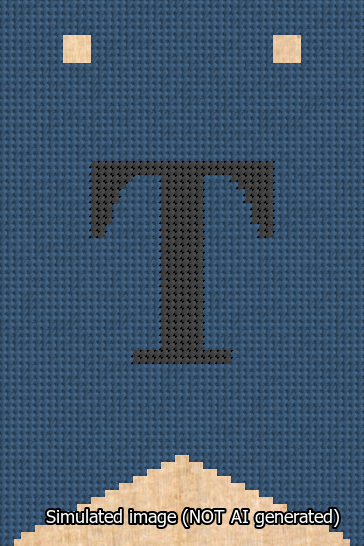 A simulated image of the stitched needlepoint design: Banner 13m Forked T Black on Blue. Not A.I. generated.