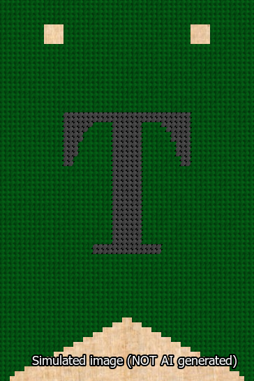 A simulated image of the stitched needlepoint design: Banner 13m Forked T Black on Green. Not A.I. generated.