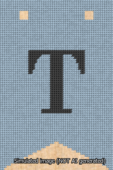 A simulated image of the stitched needlepoint design: Banner 13m Forked T Black on Light Blue. Not A.I. generated.