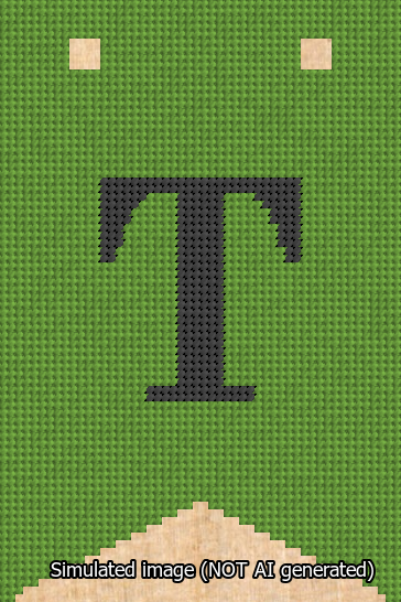 A simulated image of the stitched needlepoint design: Banner 13m Forked T Black on Light Green. Not A.I. generated.