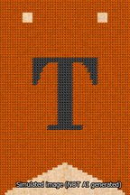A simulated image of the stitched needlepoint design: Banner 13m Forked T Black on Orange. Not A.I. generated.