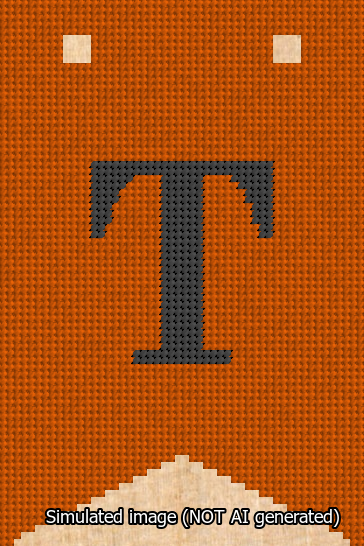 A simulated image of the stitched needlepoint design: Banner 13m Forked T Black on Orange. Not A.I. generated.