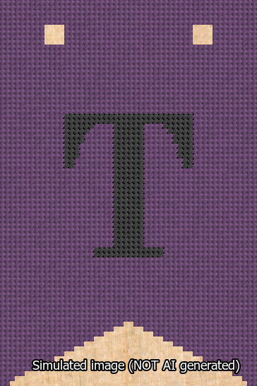 A simulated image of the stitched needlepoint design: Banner 13m Forked T Black on Purple. Not A.I. generated.