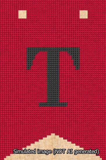 A simulated image of the stitched needlepoint design: Banner 13m Forked T Black on Red. Not A.I. generated.