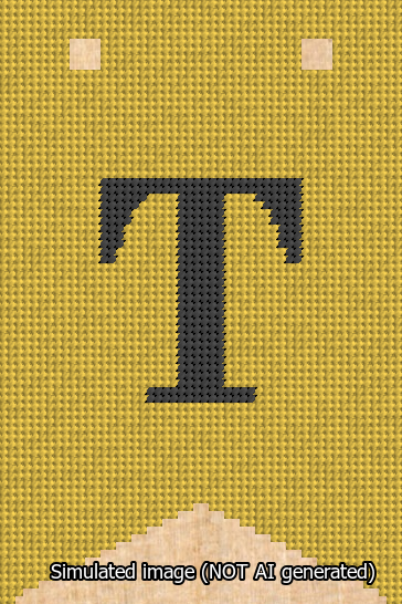 A simulated image of the stitched needlepoint design: Banner 13m Forked T Black on Yellow. Not A.I. generated.