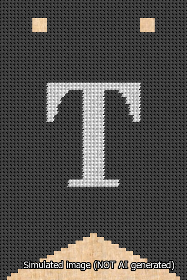 A simulated image of the stitched needlepoint design: Banner 13m Forked T White on Black. Not A.I. generated.