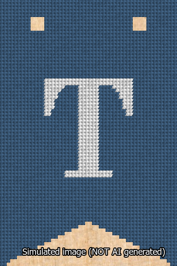 A simulated image of the stitched needlepoint design: Banner 13m Forked T White on Blue. Not A.I. generated.
