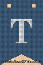 A simulated image of the stitched needlepoint design: Banner 13m Forked T White on Blue. Not A.I. generated.