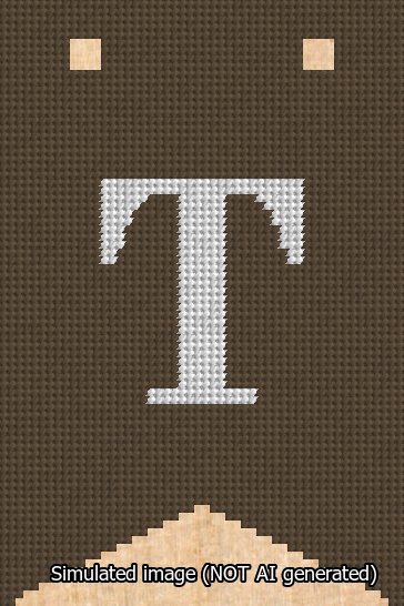 A simulated image of the stitched needlepoint design: Banner 13m Forked T White on Brown. Not A.I. generated.