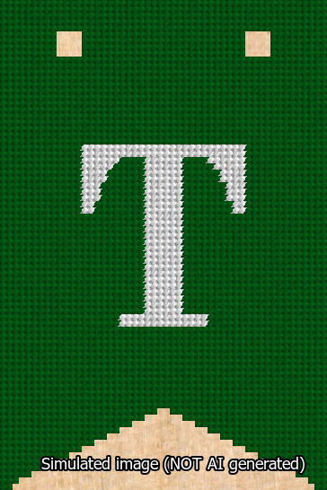 A simulated image of the stitched needlepoint design: Banner 13m Forked T White on Green. Not A.I. generated.