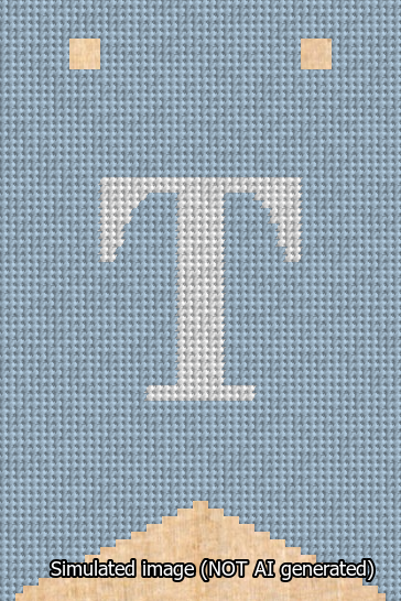A simulated image of the stitched needlepoint design: Banner 13m Forked T White on Light Blue. Not A.I. generated.