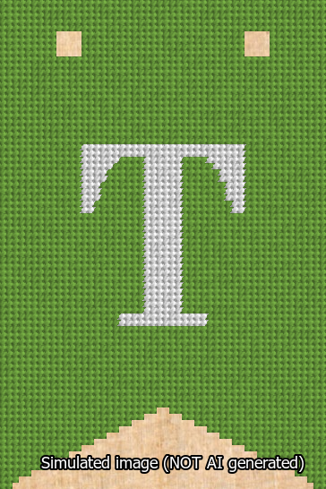 A simulated image of the stitched needlepoint design: Banner 13m Forked T White on Light Green. Not A.I. generated.
