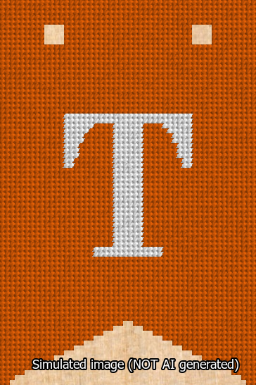 A simulated image of the stitched needlepoint design: Banner 13m Forked T White on Orange. Not A.I. generated.