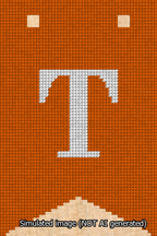 A simulated image of the stitched needlepoint design: Banner 13m Forked T White on Orange. Not A.I. generated.
