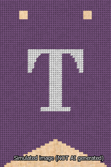 A simulated image of the stitched needlepoint design: Banner 13m Forked T White on Purple. Not A.I. generated.