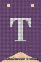 A simulated image of the stitched needlepoint design: Banner 13m Forked T White on Purple. Not A.I. generated.