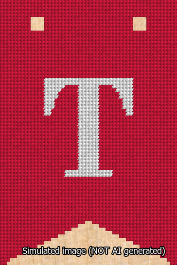 A simulated image of the stitched needlepoint design: Banner 13m Forked T White on Red. Not A.I. generated.