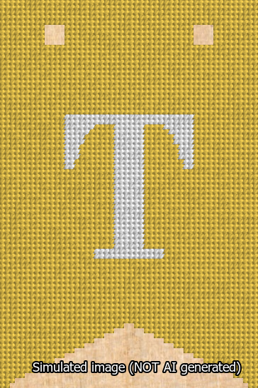 A simulated image of the stitched needlepoint design: Banner 13m Forked T White on Yellow. Not A.I. generated.