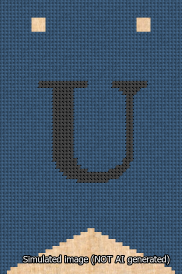 A simulated image of the stitched needlepoint design: Banner 13m Forked U Black on Blue. Not A.I. generated.