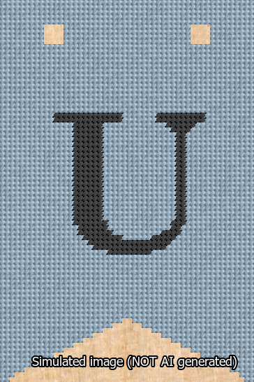 A simulated image of the stitched needlepoint design: Banner 13m Forked U Black on Light Blue. Not A.I. generated.
