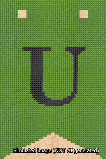 A simulated image of the stitched needlepoint design: Banner 13m Forked U Black on Light Green. Not A.I. generated.