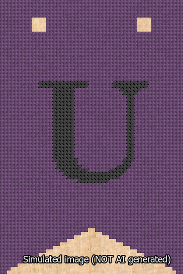 A simulated image of the stitched needlepoint design: Banner 13m Forked U Black on Purple. Not A.I. generated.