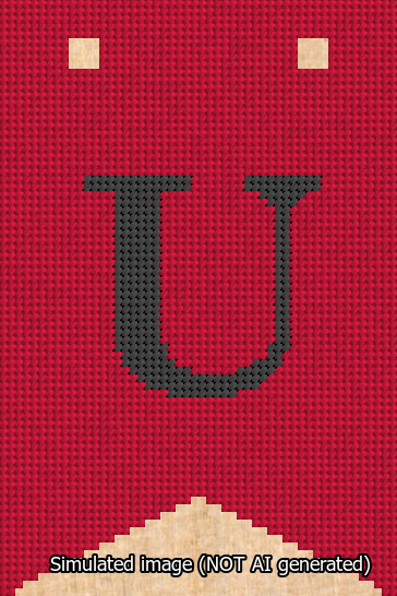 A simulated image of the stitched needlepoint design: Banner 13m Forked U Black on Red. Not A.I. generated.