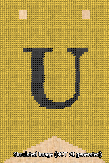 A simulated image of the stitched needlepoint design: Banner 13m Forked U Black on Yellow. Not A.I. generated.