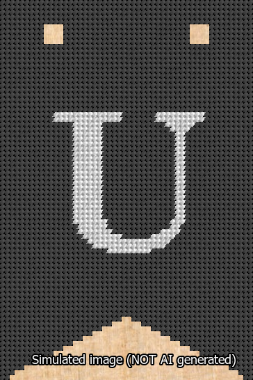 A simulated image of the stitched needlepoint design: Banner 13m Forked U White on Black. Not A.I. generated.